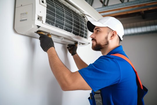 Air conditioning technician servicing a wall-mounted AC unit in Claremont, CA